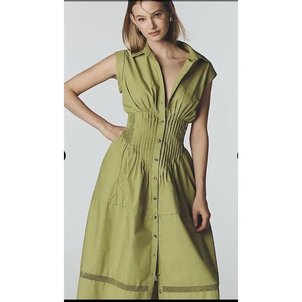 Maeve Green Cotton Woven Sleeveless Collared Button Front Midi Shirt Dress Sz S